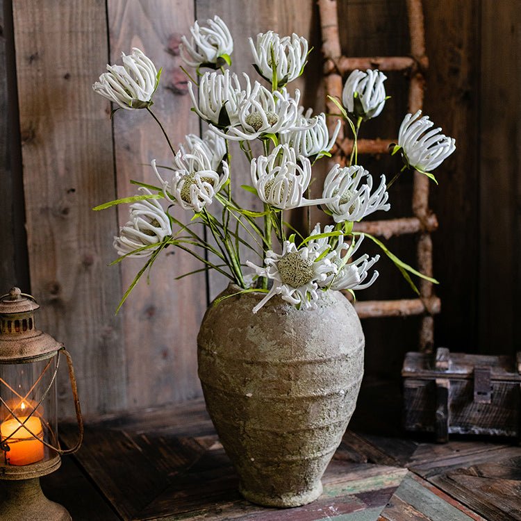 Faux silk sunflower stem arrangement in rustic vase with white blooms and stems RusticReach on Tampa Home & Garden Store