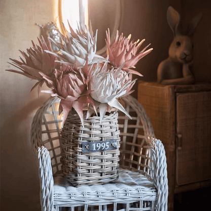 Artificial Artichoke Stem in pink and white, 37 in tall, RusticReach in a woven basket on Tampa Home & Garden Store