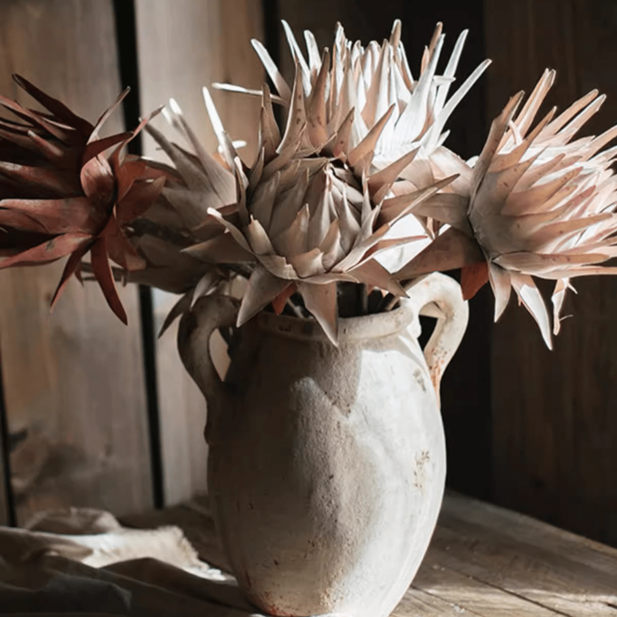 Artificial Artichoke Stem by RusticReach in cream and pink tones in a ceramic pitcher 37in tall on Tampa Home & Garden Store