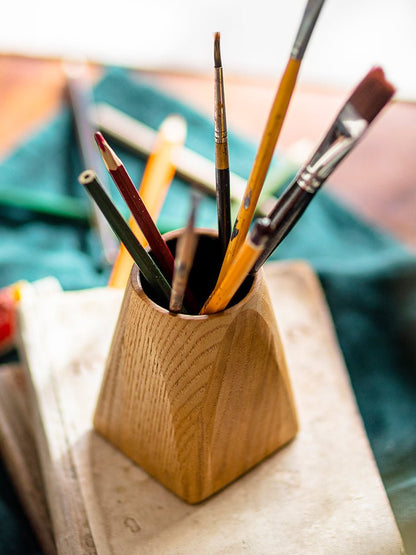Ash wood desktop pen holder with assorted pencils and paintbrushes on Tampa Home & Garden Store