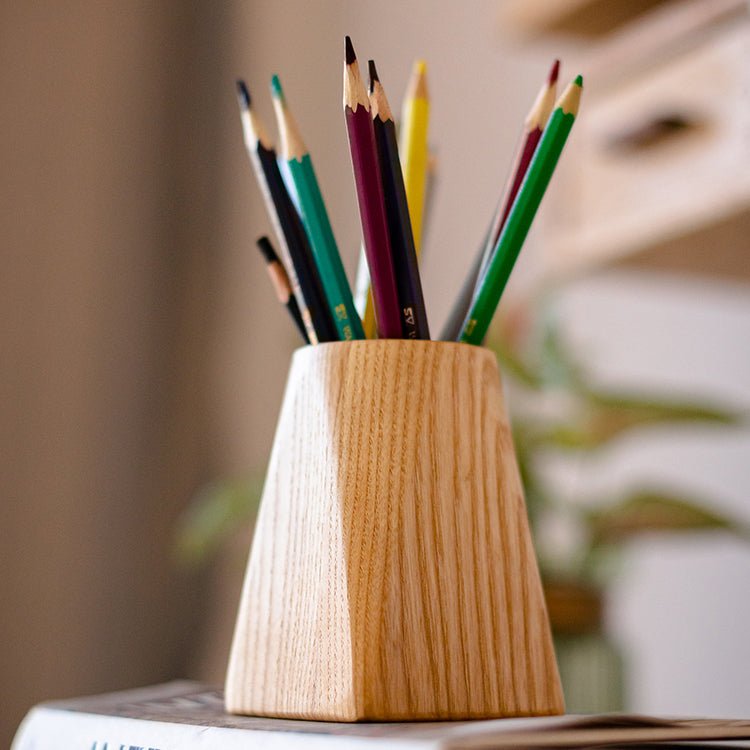 Ash wood desk pen holder by RusticReach, tapered square silhouette with wood grain on Tampa Home & Garden Store
