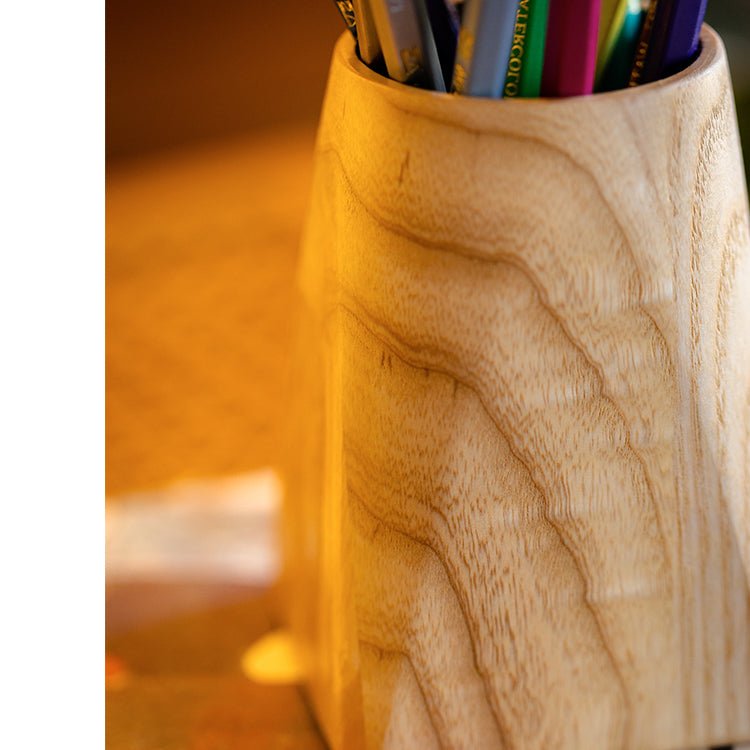 Ash Wood Desktop Pen Holder RusticReach with pronounced grain and pencil assortment on Tampa Home & Garden Store