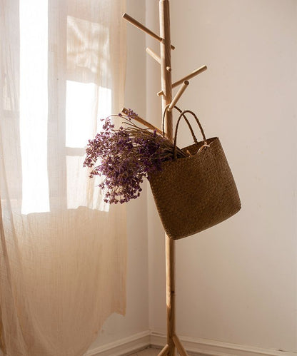 Ash wood coat rack by RusticReach with natural finish and basket holding dried flowers on Tampa Home & Garden Store