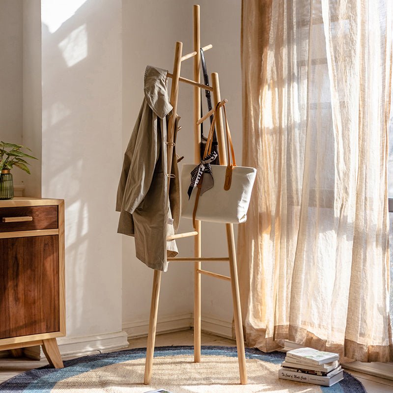 Ash wood coat rack with beige coat and white tote (2 items) by RusticReach on Tampa Home & Garden Store