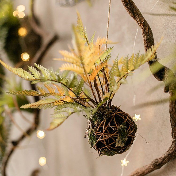 Artificial Fern Ball faux plant with fall-colored ferns in a hanging woven twig nest RusticReach on Tampa Home & Garden Store