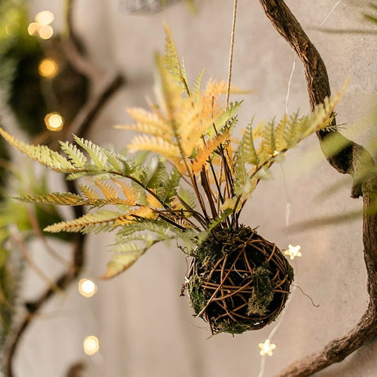 Artificial Fern Ball faux plant with fall-colored ferns in a hanging woven twig nest RusticReach on Tampa Home & Garden Store