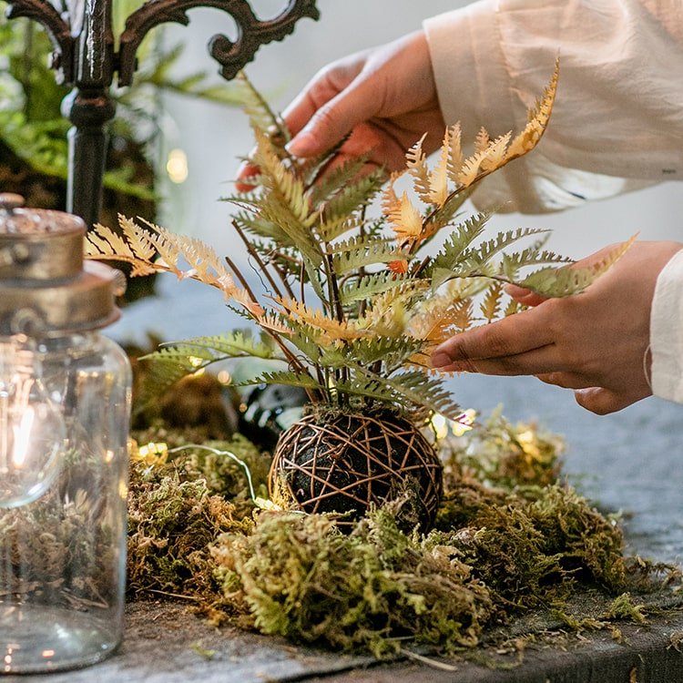 Artificial Fern Ball faux plant with fall-colored leaves in a twine-wrapped orb RusticReach on Tampa Home & Garden Store