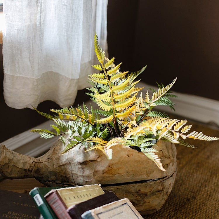 RusticReach artificial fern ball faux plant with fall fronds in a wooden trough planter on Tampa Home & Garden Store