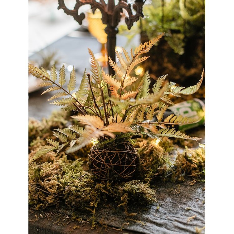 Artificial Fern Ball faux plant with warm fall colors in a woven brown sphere RusticReach on Tampa Home & Garden Store
