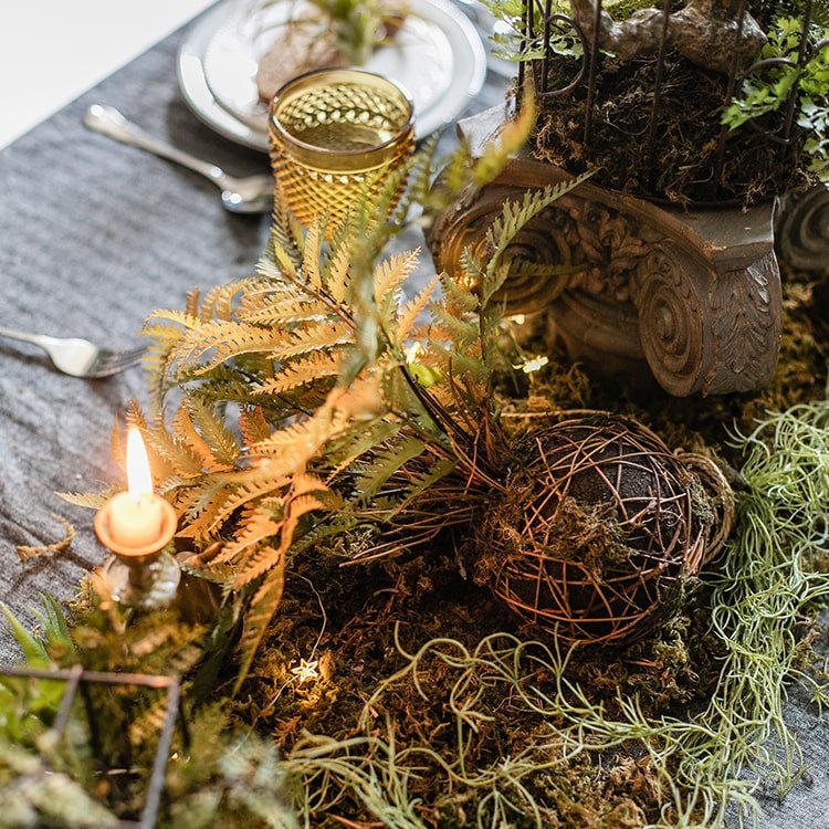Artificial Fern Ball faux plant in fall colors, RusticReach centerpiece with moss and candle on Tampa Home & Garden Store