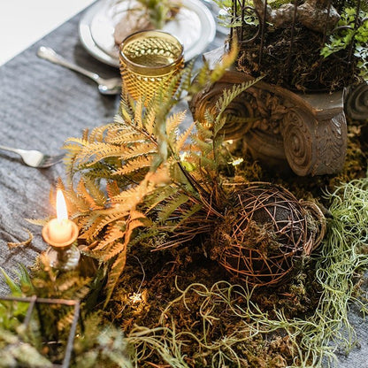 Artificial Fern Ball faux plant in fall colors, RusticReach centerpiece with moss and candle on Tampa Home & Garden Store