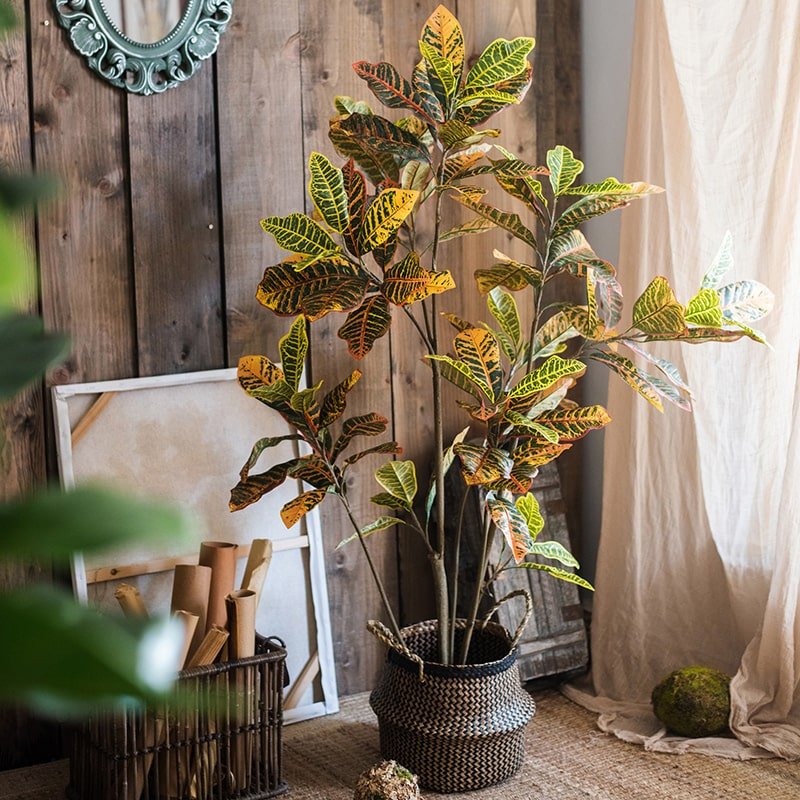 Large leaf artificial croton tree in a basket pot with yellow and green leaves RusticReach on Tampa Home & Garden Store