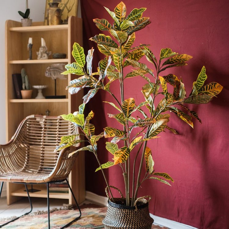 Large leaf croton artificial tree in pot with yellow-green leaves on Tampa Home & Garden Store