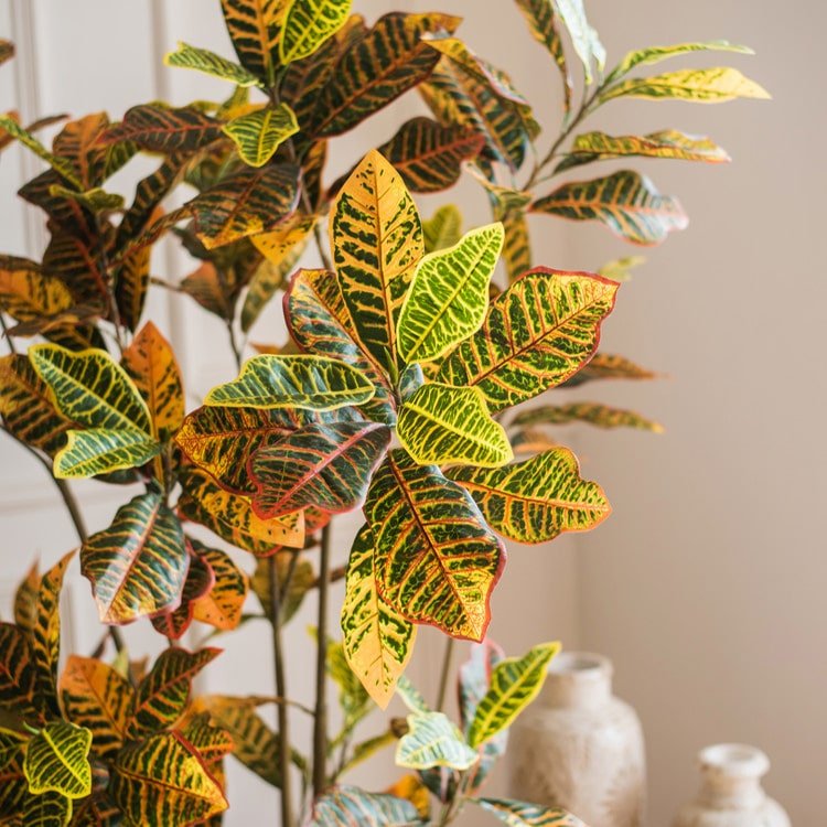 RusticReach Large Leaf Artificial Croton Tree In Pot with colorful variegated leaves on Tampa Home & Garden Store