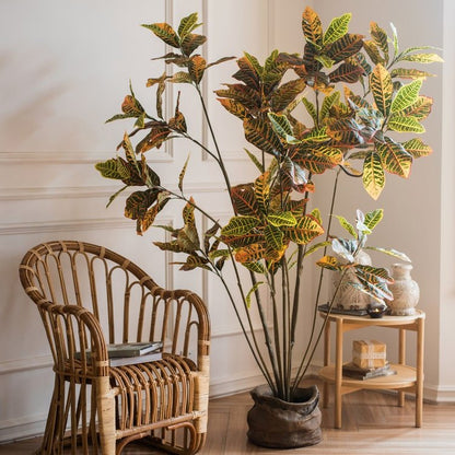 RusticReach large leaf artificial croton tree in pot with variegated yellow, green leaves on Tampa Home & Garden Store