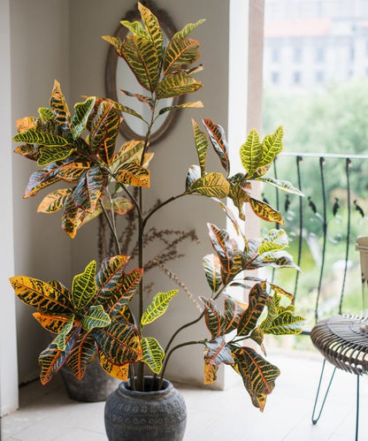 Large leaf croton tree artificial plant in dark pot with variegated leaves RusticReach on Tampa Home & Garden Store