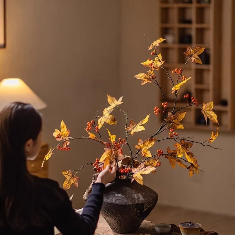 Autumn Maple Berry Branch plant by RusticReach with yellow leaves red berries in a dark vase on Tampa Home & Garden Store