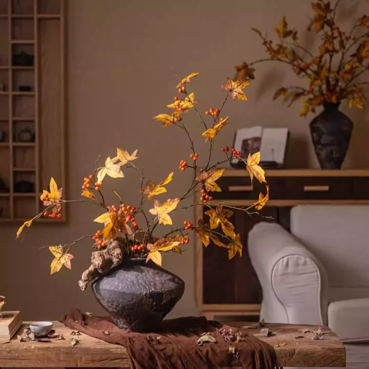 Autumn Maple Berry Branch 49.2in tall artificial plant with yellow maple leaves and orange berries in a dark vase RusticReach on Tampa Home & Garden Store