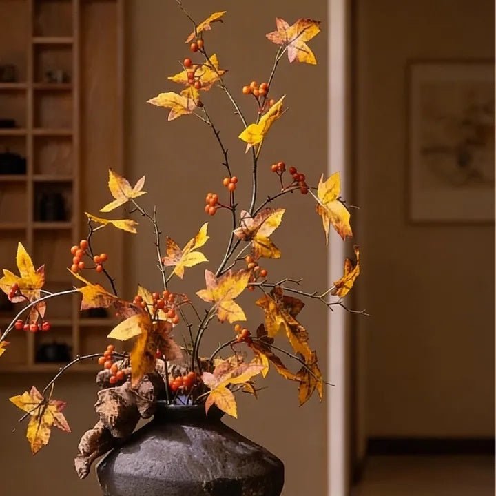 Autumn Maple Berry Branch plant, yellow leaves with berries in a dark vase RusticReach on Tampa Home & Garden Store