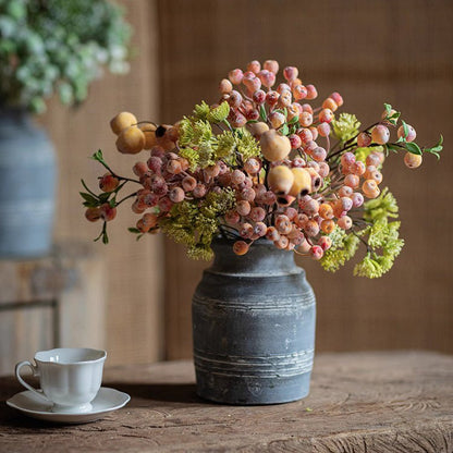 Blueberry & Greenery Bunch 13 inches tall artificial flora RusticReach in a weathered gray vase with pink berries and green foliage on Tampa Home & Garden Store