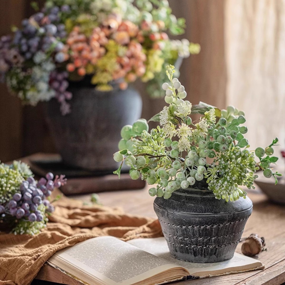 Blueberry & greenery artificial flora bunch, 13in tall in a textured gray pot by RusticReach on Tampa Home & Garden Store