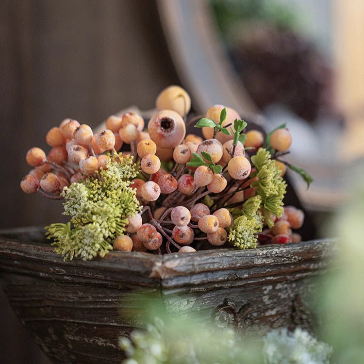 Blueberry & Greenery Bunch 13in artificial flora RusticReach in wooden basket with peach berries on Tampa Home & Garden Store