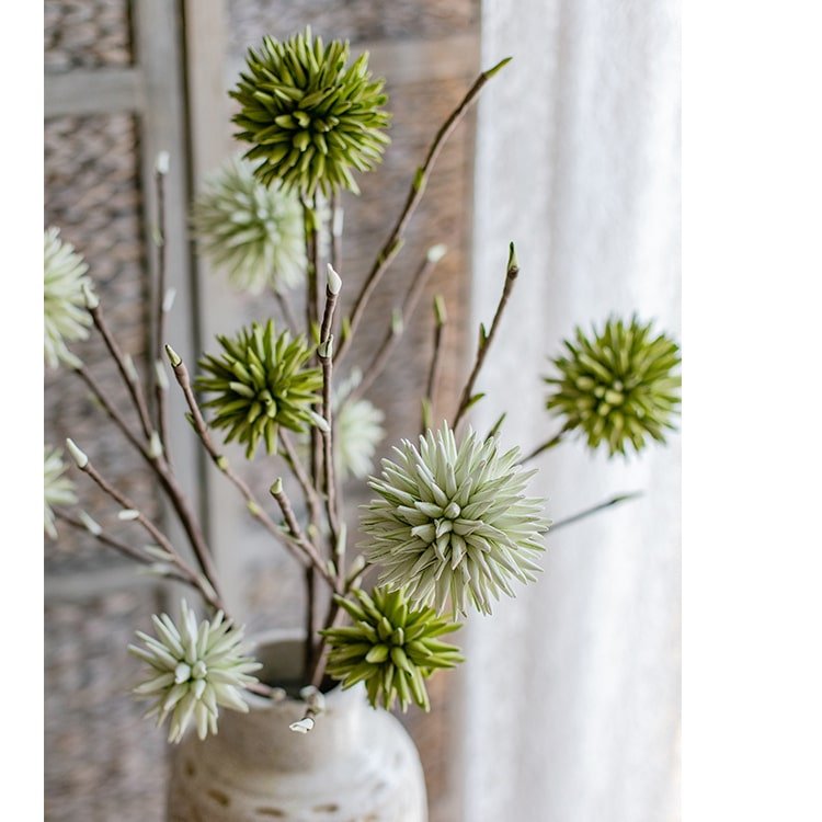 Round ball flowers on twig stems, green and pale green artificial flowering plant RusticReach on Tampa Home & Garden Store