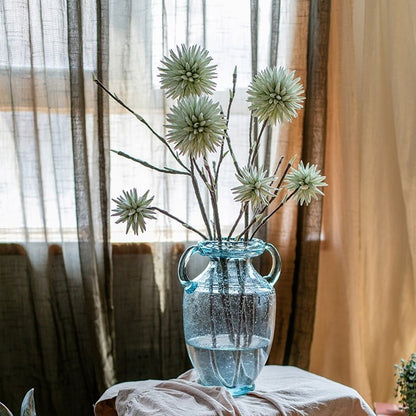 Round Ball Flower on Twig Stem in Green artificial stems in blue glass vase RusticReach on Tampa Home & Garden Store