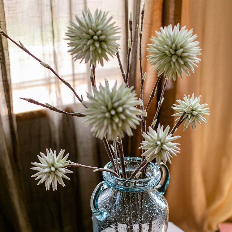 Round Ball Flower on Twig Stem in Green artificial blooms on twig in blue glass jar RusticReach on Tampa Home & Garden Store