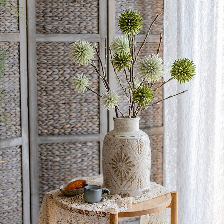 Round ball green artificial flowers on twig stems in a beige ceramic vase by RusticReach on Tampa Home & Garden Store