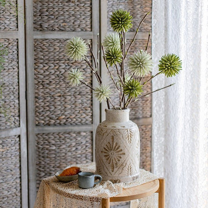 Round ball green artificial flowers on twig stems in a beige ceramic vase by RusticReach on Tampa Home & Garden Store