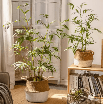RusticReach artificial bamboo leaves in pot; two green bamboo plants in woven jute baskets on Tampa Home & Garden Store