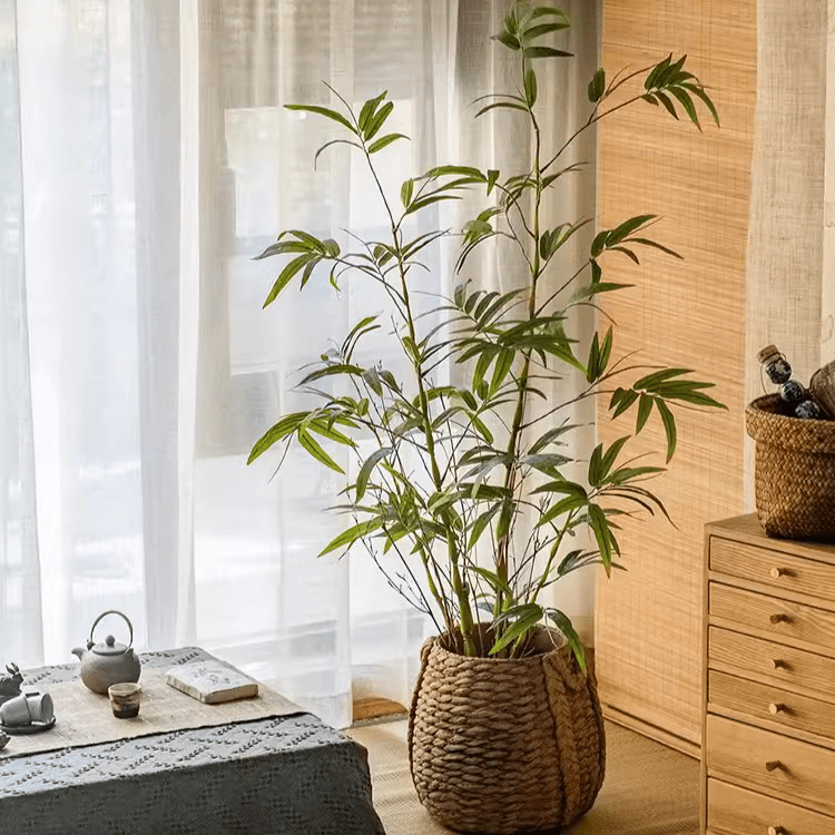Artificial Bamboo Leaves in Pot by RusticReach, green leaves in a woven basket planter on Tampa Home & Garden Store