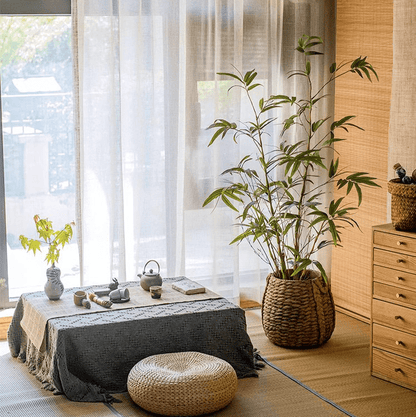 Artificial Bamboo Leaves in Pot by RusticReach, tall green bamboo in woven basket by window on Tampa Home & Garden Store