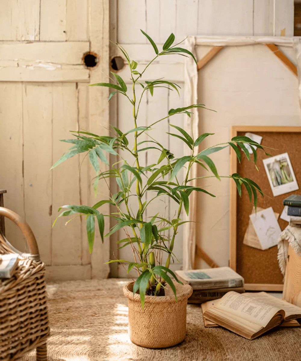 Artificial Bamboo Leaves in Pot by RusticReach, green indoor plant in woven jute pot on Tampa Home & Garden Store