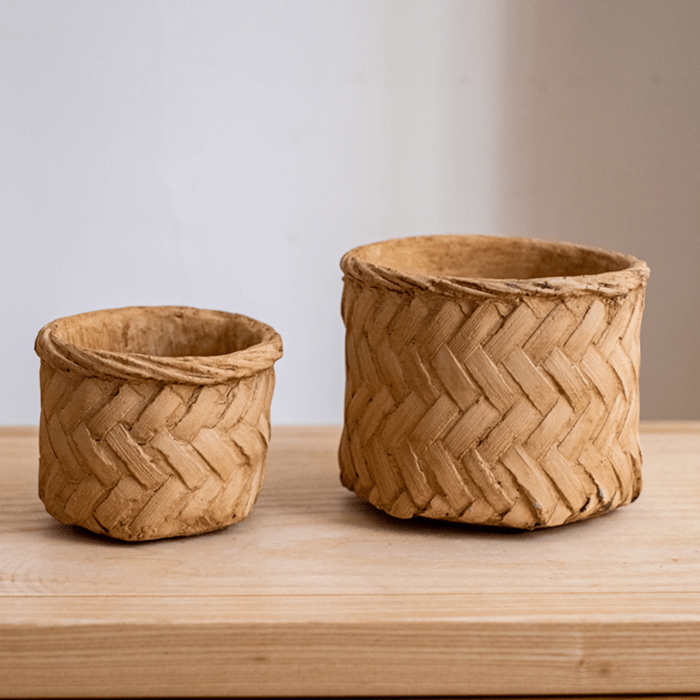 Bamboo looking cement planters with woven texture, set of 2 on wooden table on Tampa Home & Garden Store