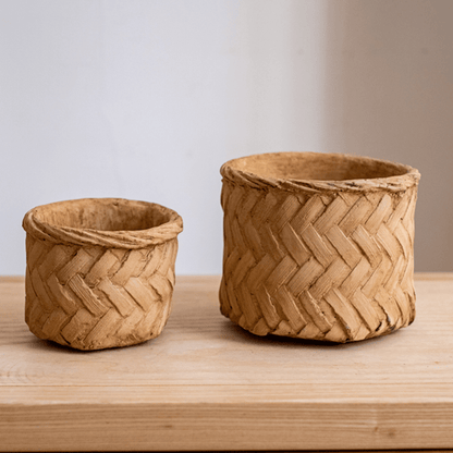 Bamboo looking cement planters with woven texture, set of 2 on wooden table on Tampa Home & Garden Store