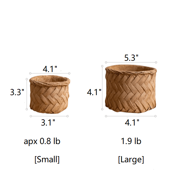 Bamboo-looking cement planter set with small and large woven brown pots by RusticReach on Tampa Home & Garden Store