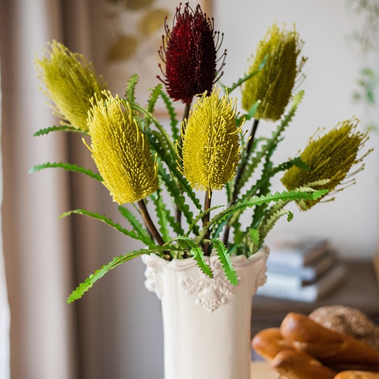 Faux Banksia Integrifolia silk flower arrangement yellow and burgundy blooms RusticReach on Tampa Home & Garden Store