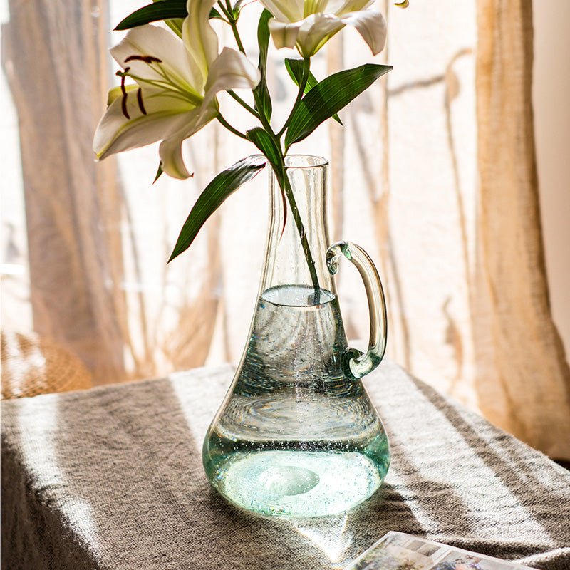Small Opening Bubble Glass Kettle Vase RusticReach, clear green glass with curved handle 13in on Tampa Home & Garden Store