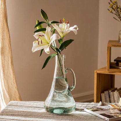 Bubble glass kettle vase by RusticReach, 13 inches tall, clear with water and white lilies on Tampa Home & Garden Store