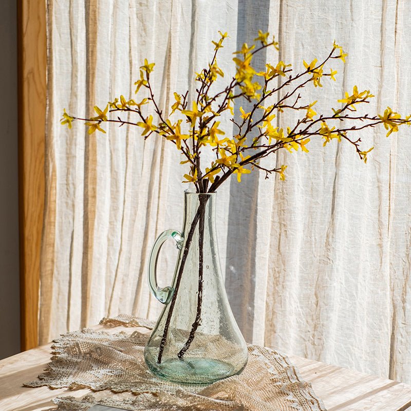 RusticReach bubble glass kettle vase 13in tall with curved handle and yellow blossoms on Tampa Home & Garden Store