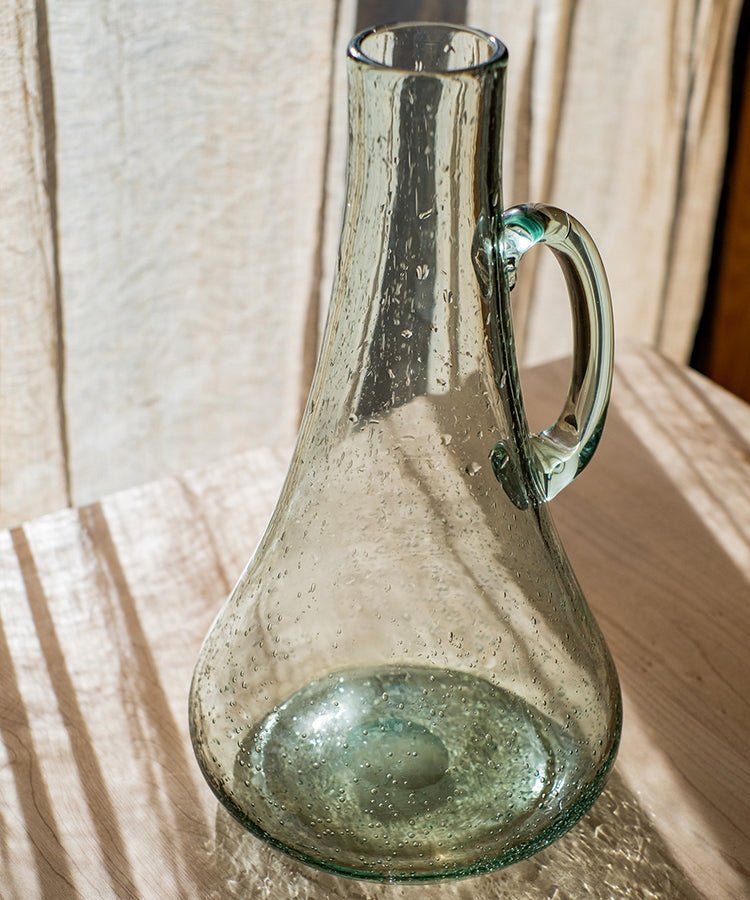 RusticReach bubble glass kettle vase, small opening, 13 inches tall, green tint and side handle on Tampa Home & Garden Store