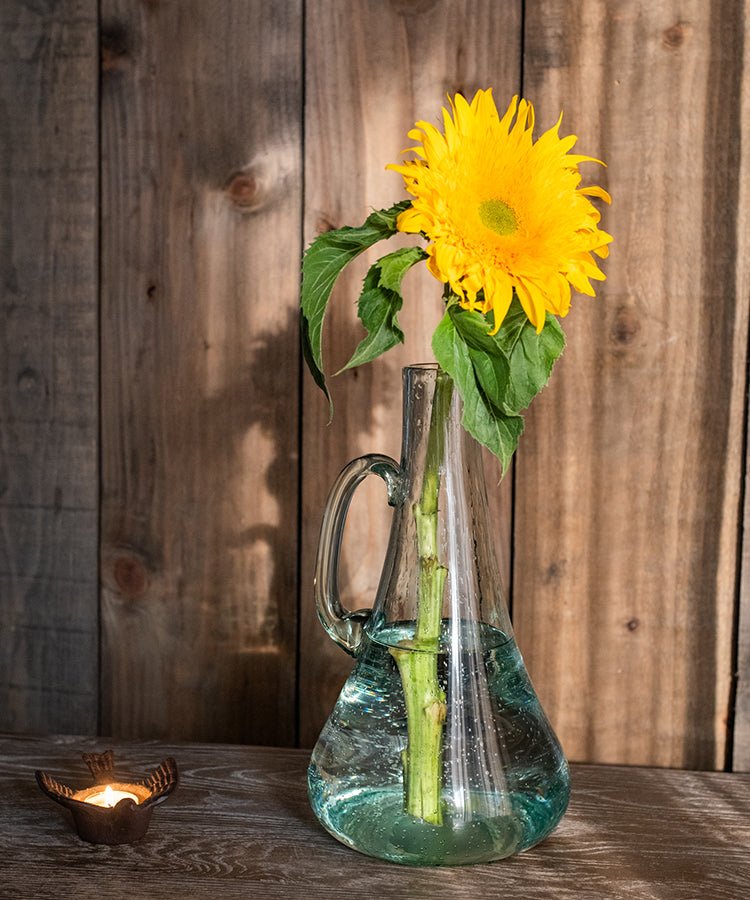 RusticReach bubble glass kettle vase 13 inches tall with sunflower stem in blue-green glass on Tampa Home & Garden Store