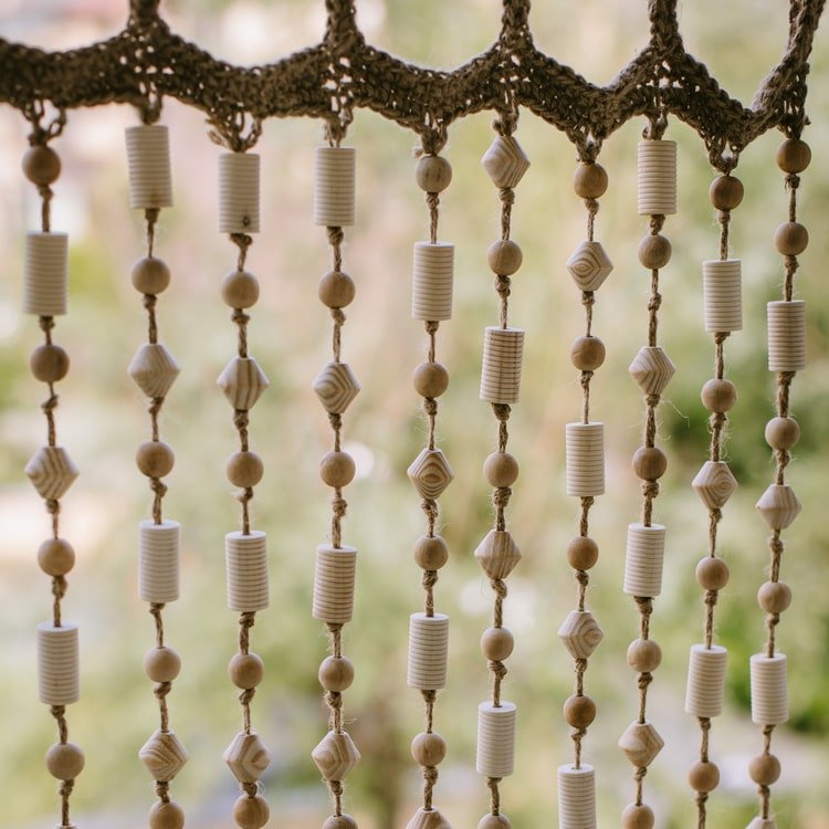 Wood Beaded Door Curtain natural wood beads with crochet header RusticReach on Tampa Home & Garden Store
