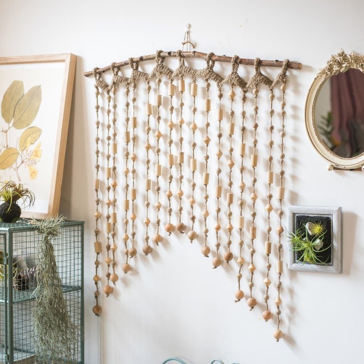 Wood Beaded Door Curtain RusticReach natural wood beads hanging in long strands on Tampa Home & Garden Store