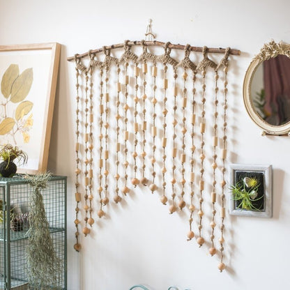 Wood Beaded Door Curtain RusticReach natural wood beads hanging in long strands on Tampa Home & Garden Store