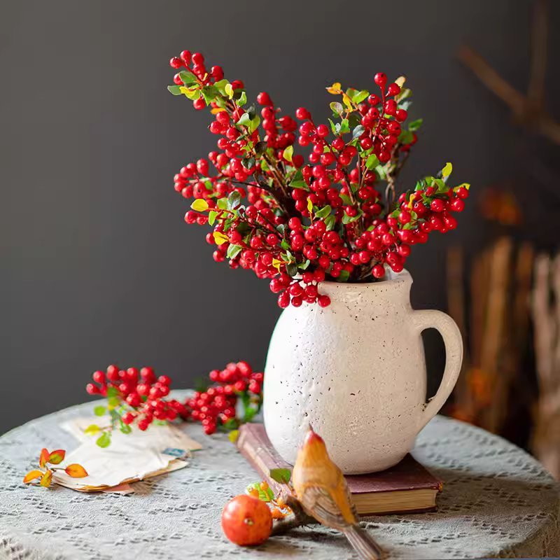 Artificial Fruit Berry Stem in Red 17in tall Silk Plant RusticReach speckled ceramic pitcher on Tampa Home & Garden Store