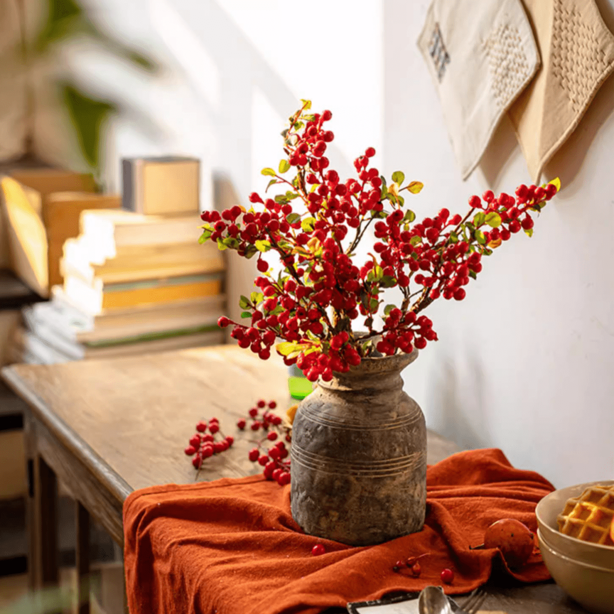 Artificial berry stem red, 17 inches tall silk plant by RusticReach in a rustic vase on Tampa Home & Garden Store