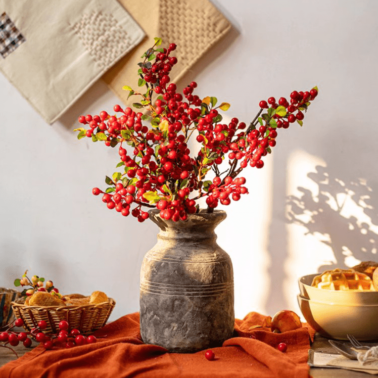 Artificial Fruit Berry Stem in Red by RusticReach, 17in tall silk plant in a gray vase on Tampa Home & Garden Store